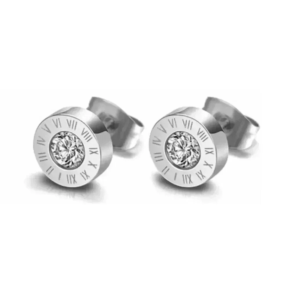Silver Roman Numerals Designer Style AAA Zircon Stud Earrings NWT